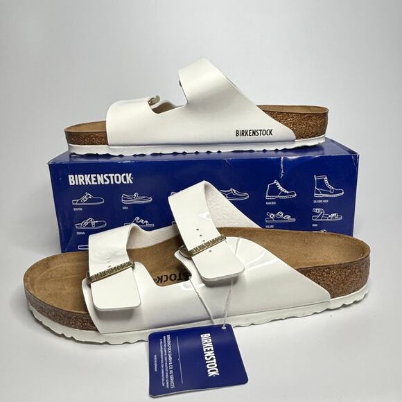 Birkenstock Unisex Arizona Two Strap Sandals in White Patent Birko-Flor